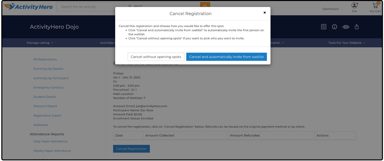 Cancel Registration dialog with the two waitlist cancellation options