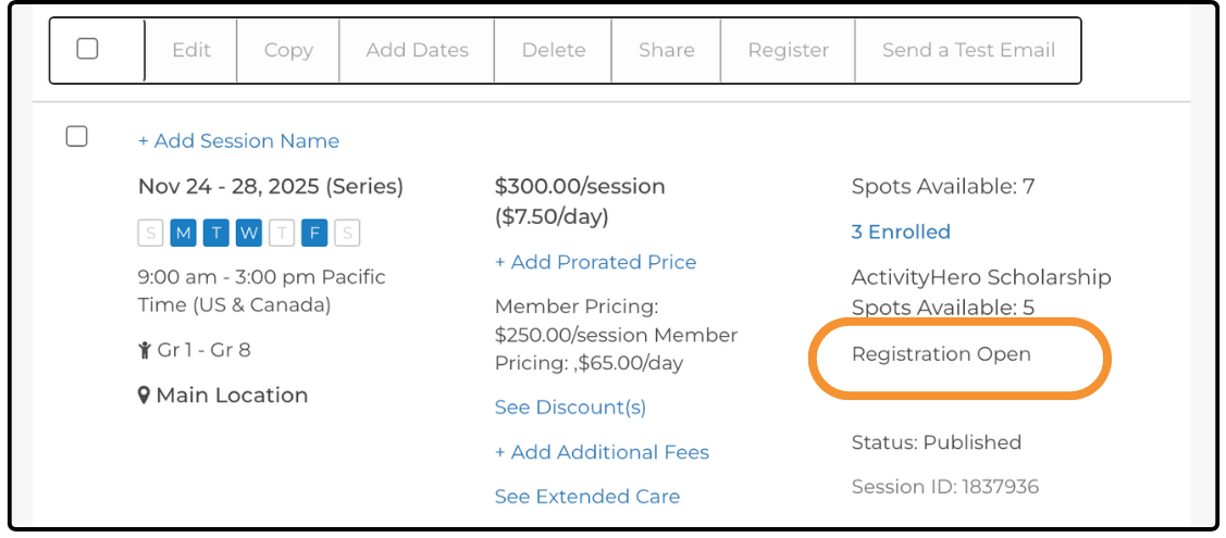 Session row in Sessions & Content Manager with Registration Open highlighted