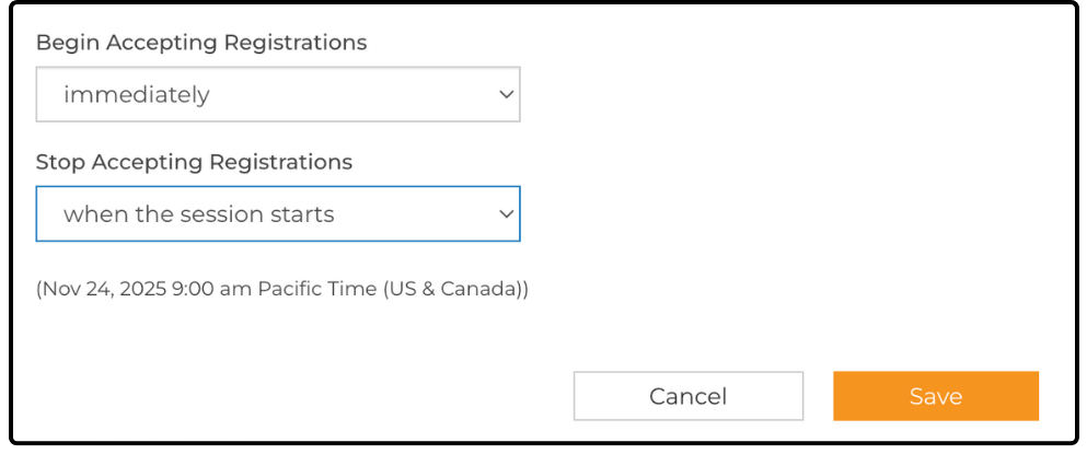 Registration options with Stop Accepting Registrations set to when the session starts