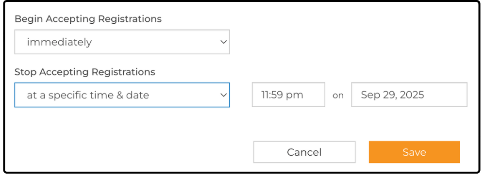 Registration options set to at a specific time & date, 11:59 pm on Sep 29, 2025
