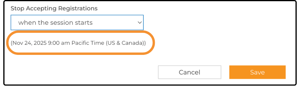 Registration options with the resulting close date and time highlighted in parentheses