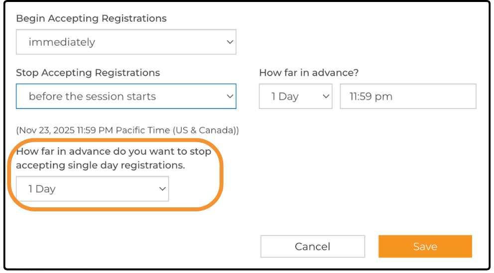 Registration options with the single day registration cut-off setting highlighted