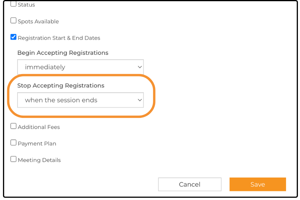 Bulk Edit dialog with Registration Start & End Dates selected and Stop Accepting Registrations highlighted