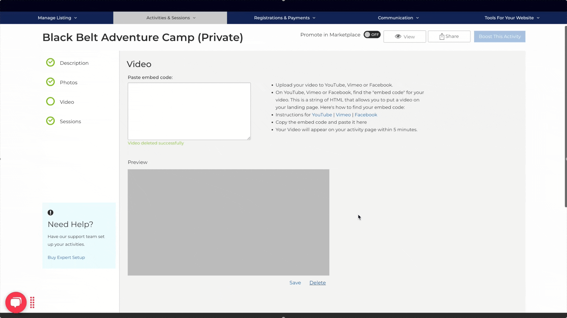 Video page showing the Invalid embed code error below the Paste embed code field