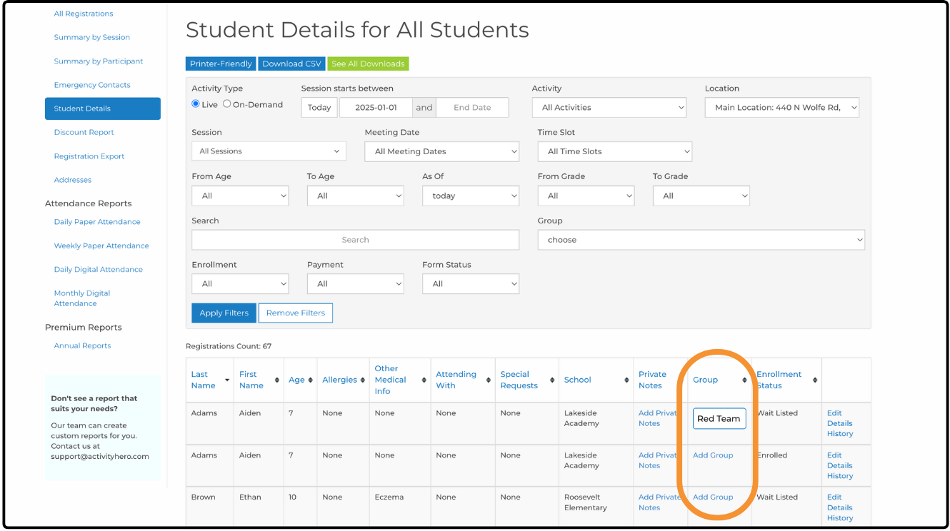 Student Details for All Students report with the Group column and Add Group links highlighted