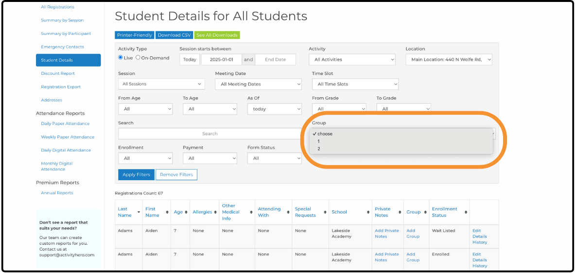 Student Details report with the Group filter dropdown open and highlighted