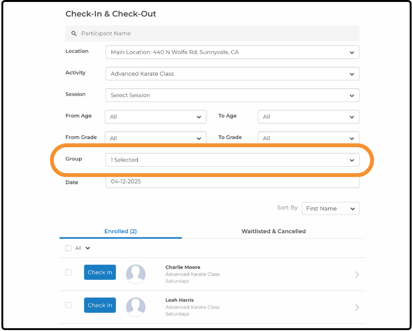 Check-In & Check-Out page with the Group filter set to 1 Selected