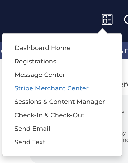 ActivityHero Dashboard menu with the Stripe Merchant Center link highlighted