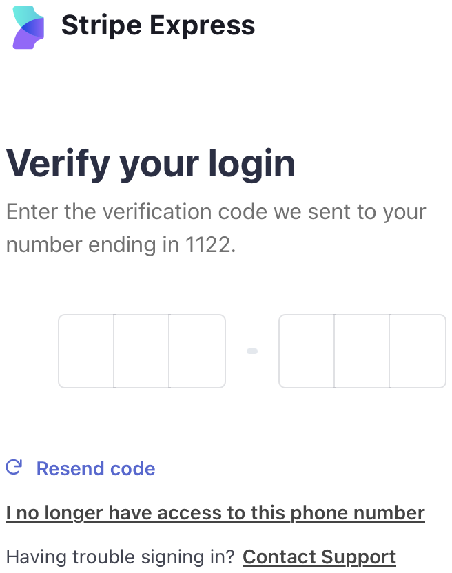 Stripe Express Verify your login page with the verification code fields empty