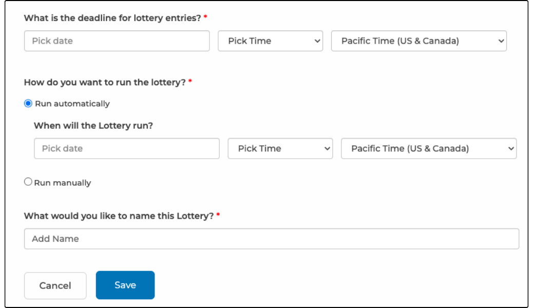 Lottery setup form with entry deadline, run options, and lottery name fields
