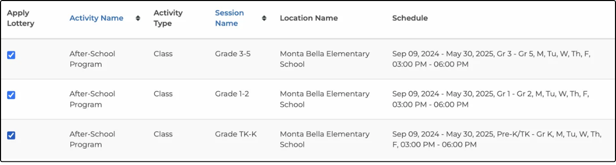 Session list with the Apply Lottery checkbox selected for three After-School Program sessions