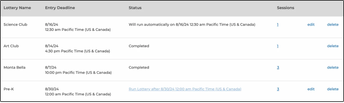 Lottery list showing entry deadlines and statuses of Will run automatically and Completed