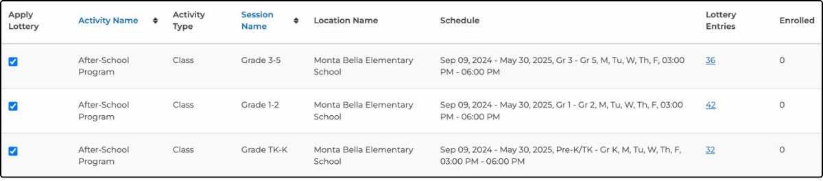 Lottery sessions page with Lottery Entries counts and an Enrolled count of zero