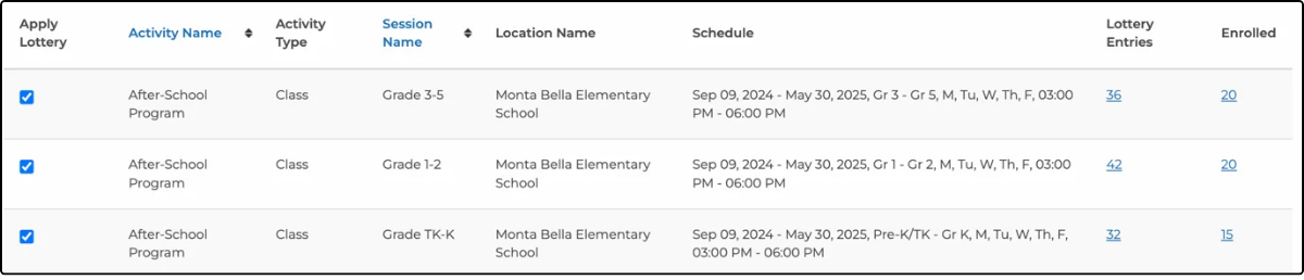 Lottery sessions page after the run, with enrolled counts in the Enrolled column