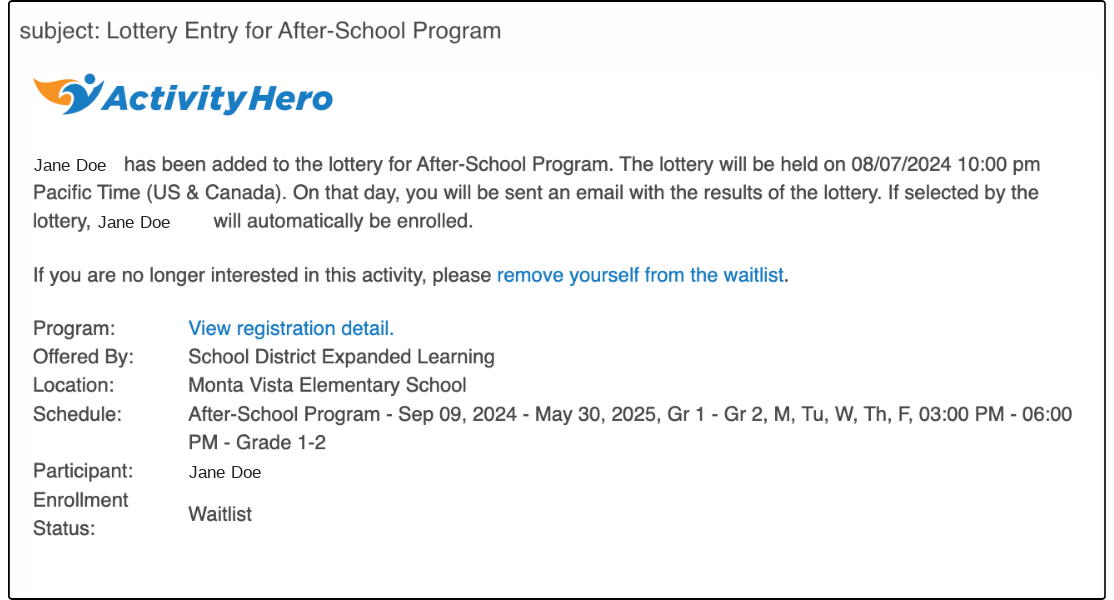 Lottery Entry confirmation email showing the lottery date and a Waitlist enrollment status