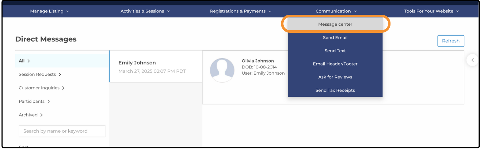 Direct Messages page with the Communication menu open and Message center highlighted