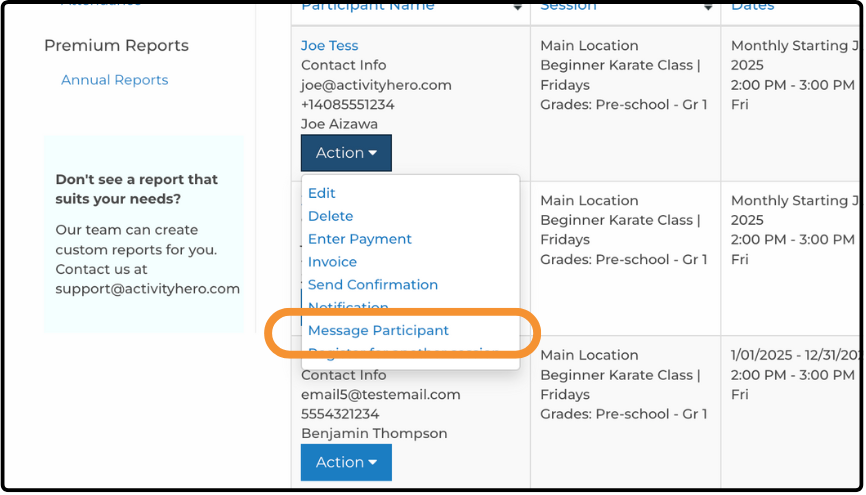 Registration report row with the Action dropdown open and Message Participant highlighted