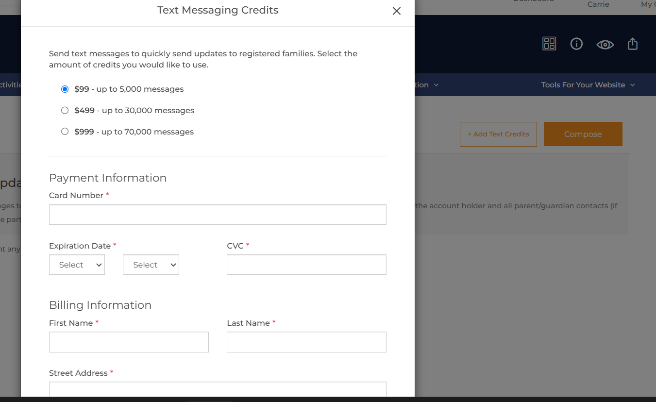 Text Messaging Credits dialog with package options and Payment Information fields