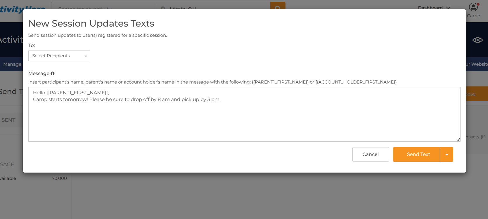 New Session Updates Texts dialog with Select Recipients, a message, and Send Text