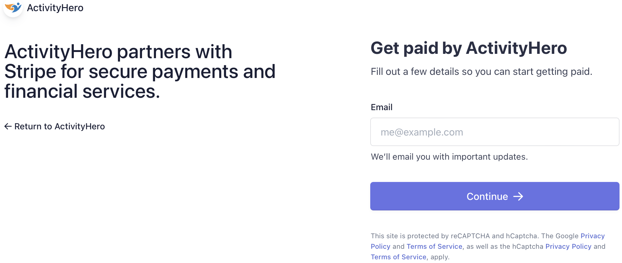 Get paid by ActivityHero Stripe page with empty Email field and Continue