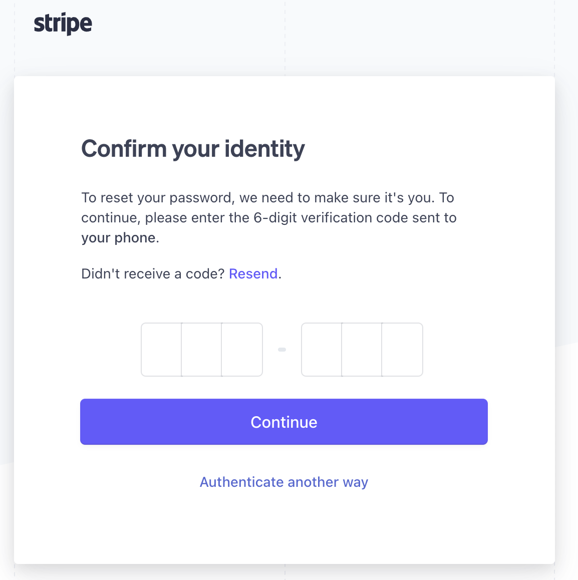 Stripe Confirm your identity page with empty six-digit verification code fields