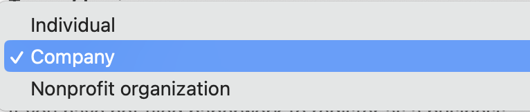 Type of business dropdown listing Individual, Company and Nonprofit organization, with Company selected
