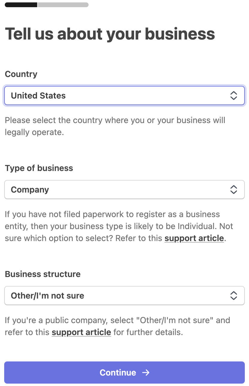 Tell us about your business page with Country, Type of business and Business structure