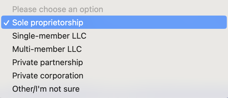 Business structure dropdown listing LLC, partnership and corporation options, with Sole proprietorship selected