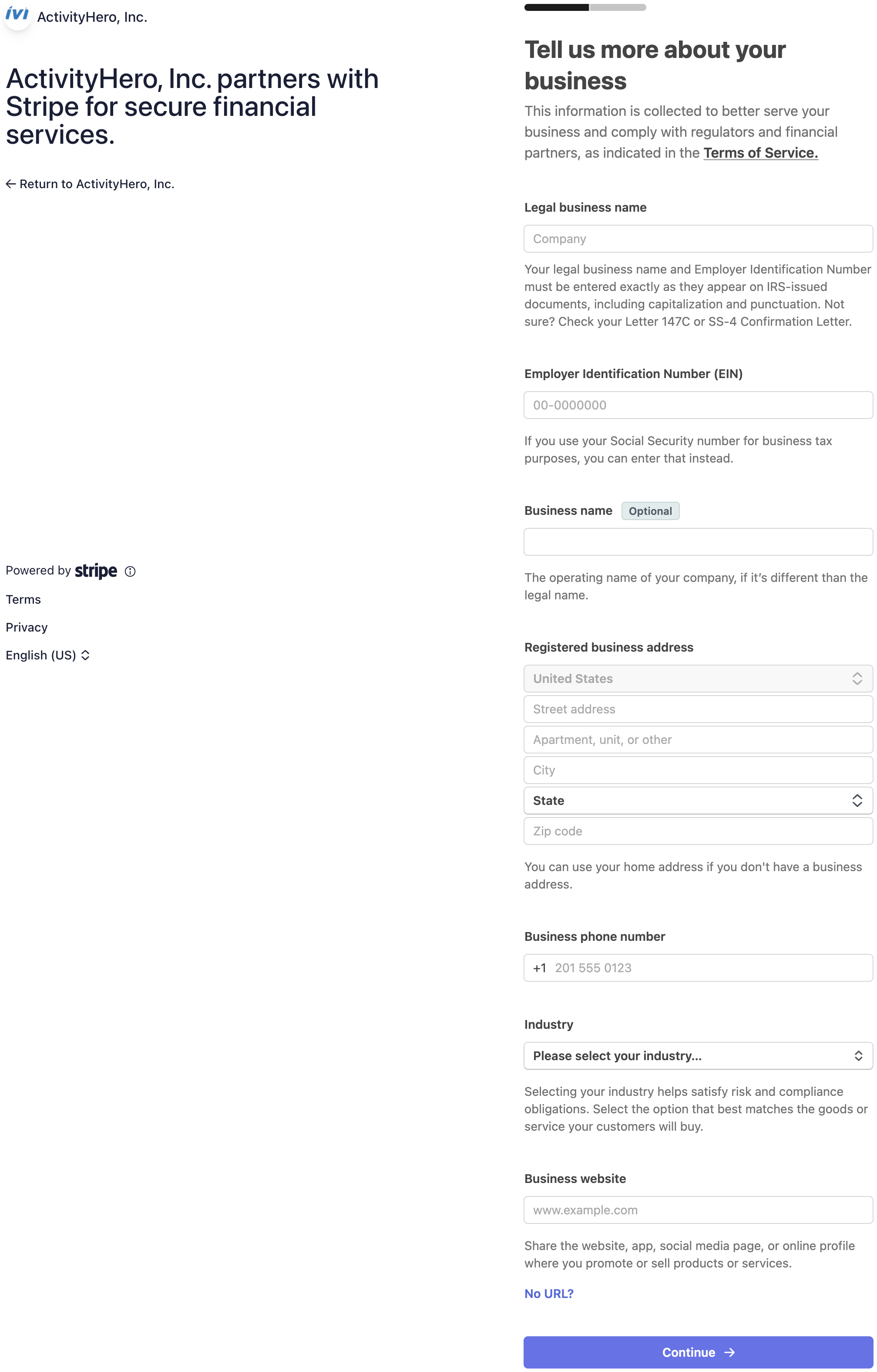 Tell us more about your business page with Legal business name, EIN and address fields
