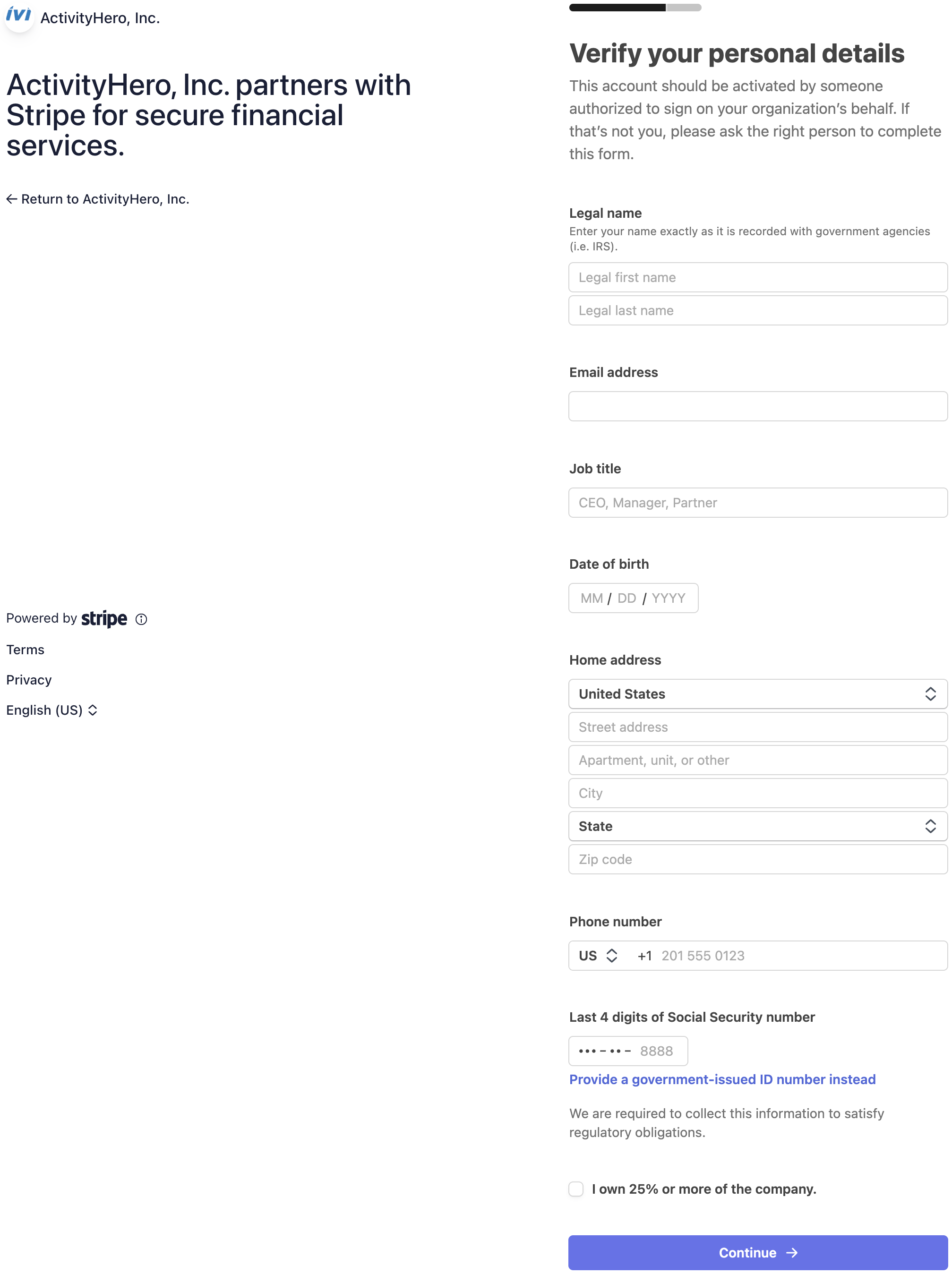 Verify your personal details page with Legal name, Date of birth and Social Security fields