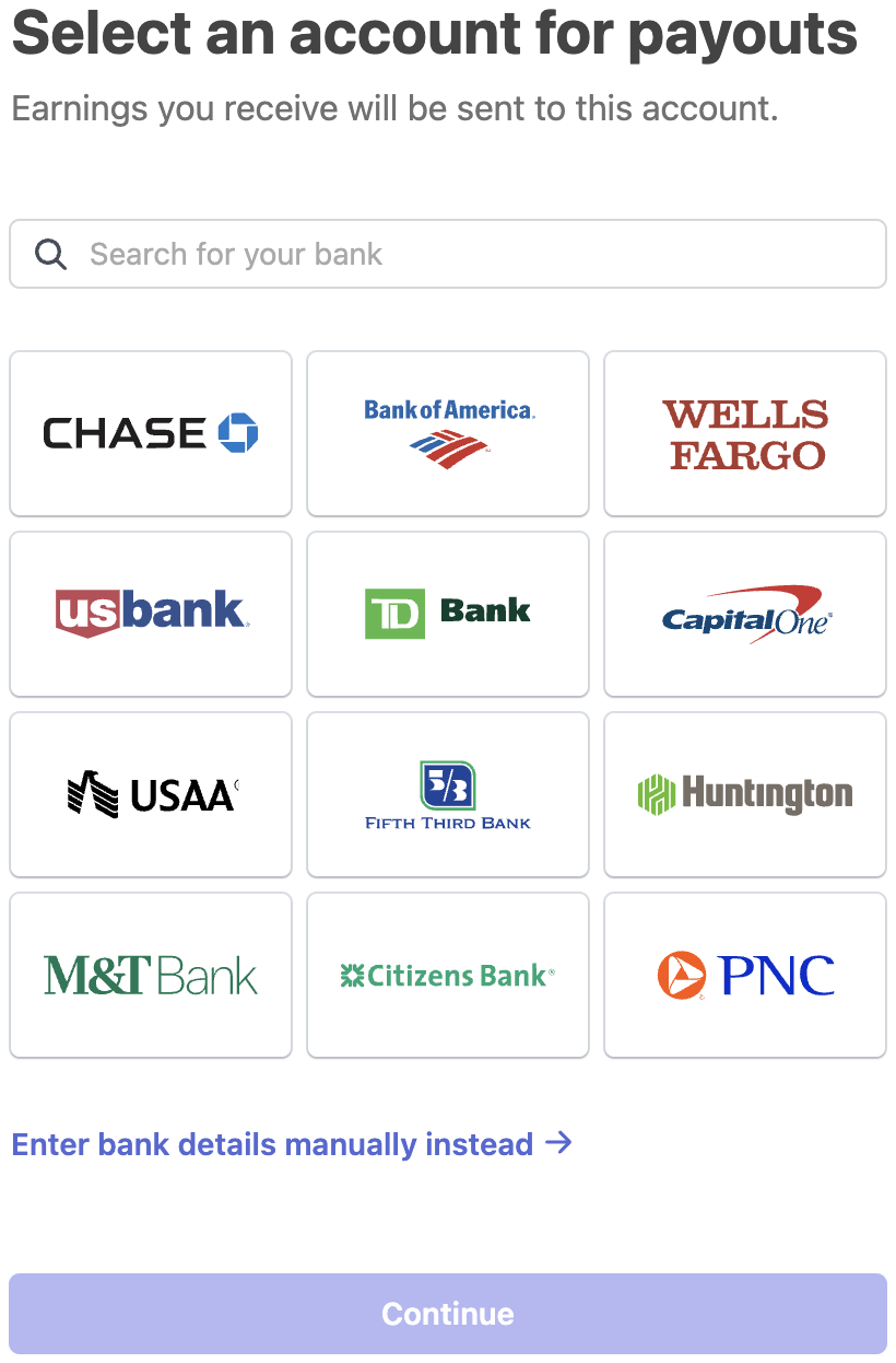 Select an account for payouts page showing bank logos and manual entry link