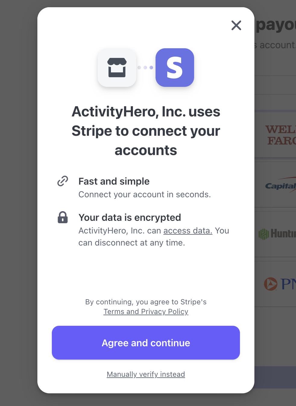 Stripe dialog for connecting your bank account, with Agree and continue