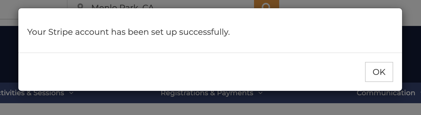 ActivityHero dashboard message confirming your Stripe account was set up successfully