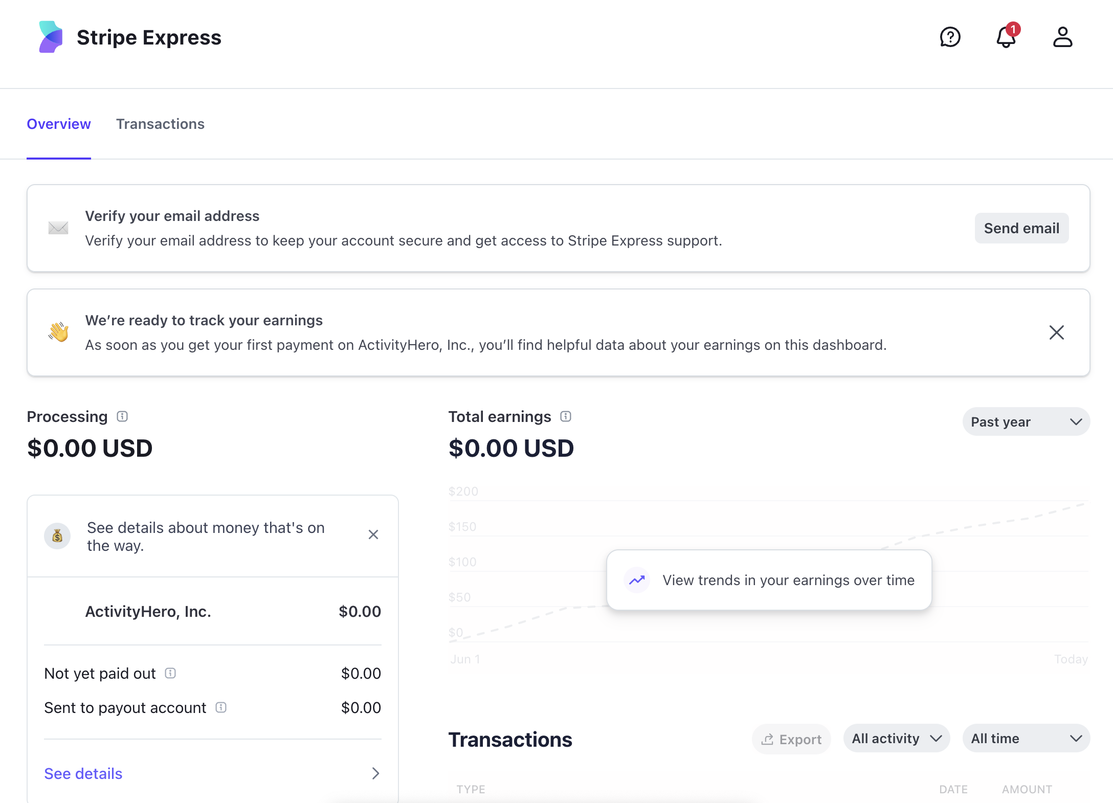 Stripe Express dashboard Overview tab with zero Processing and Total earnings