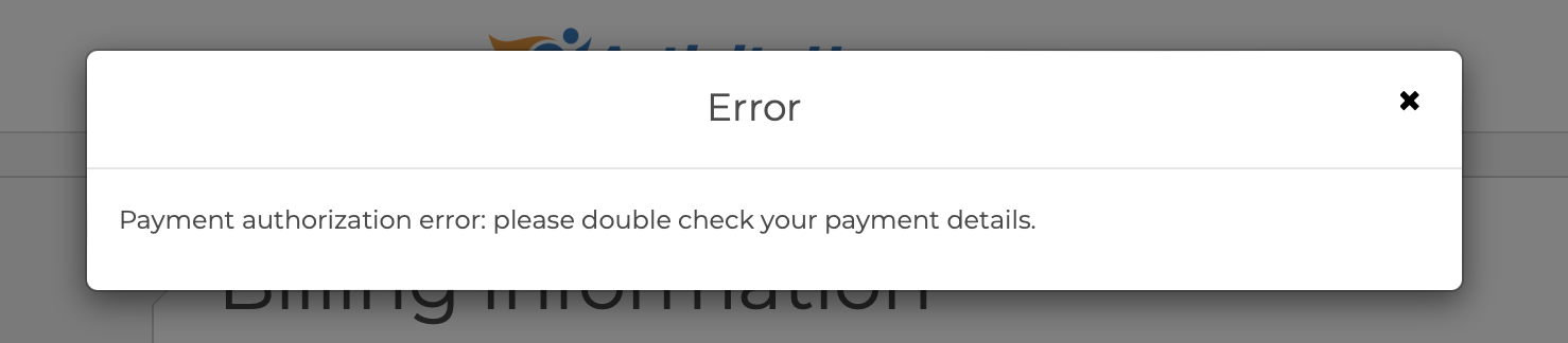ActivityHero Error dialog reading Payment authorization error at checkout
