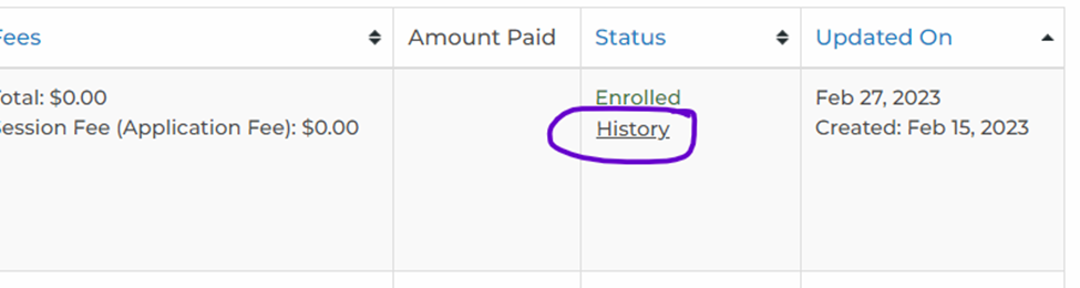 Registration row on the All Registration Report with the History link circled