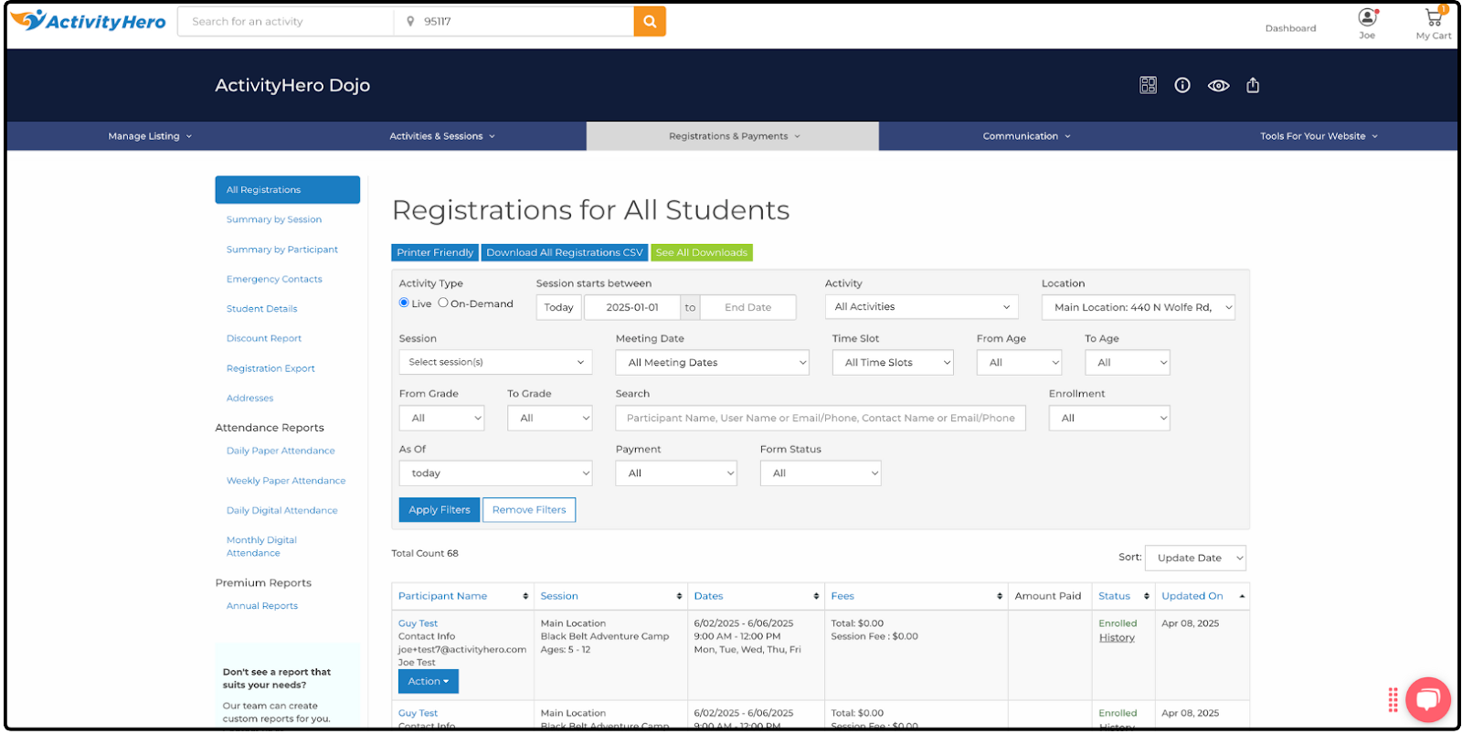 Registrations for All Students page with All Registrations selected in the left menu