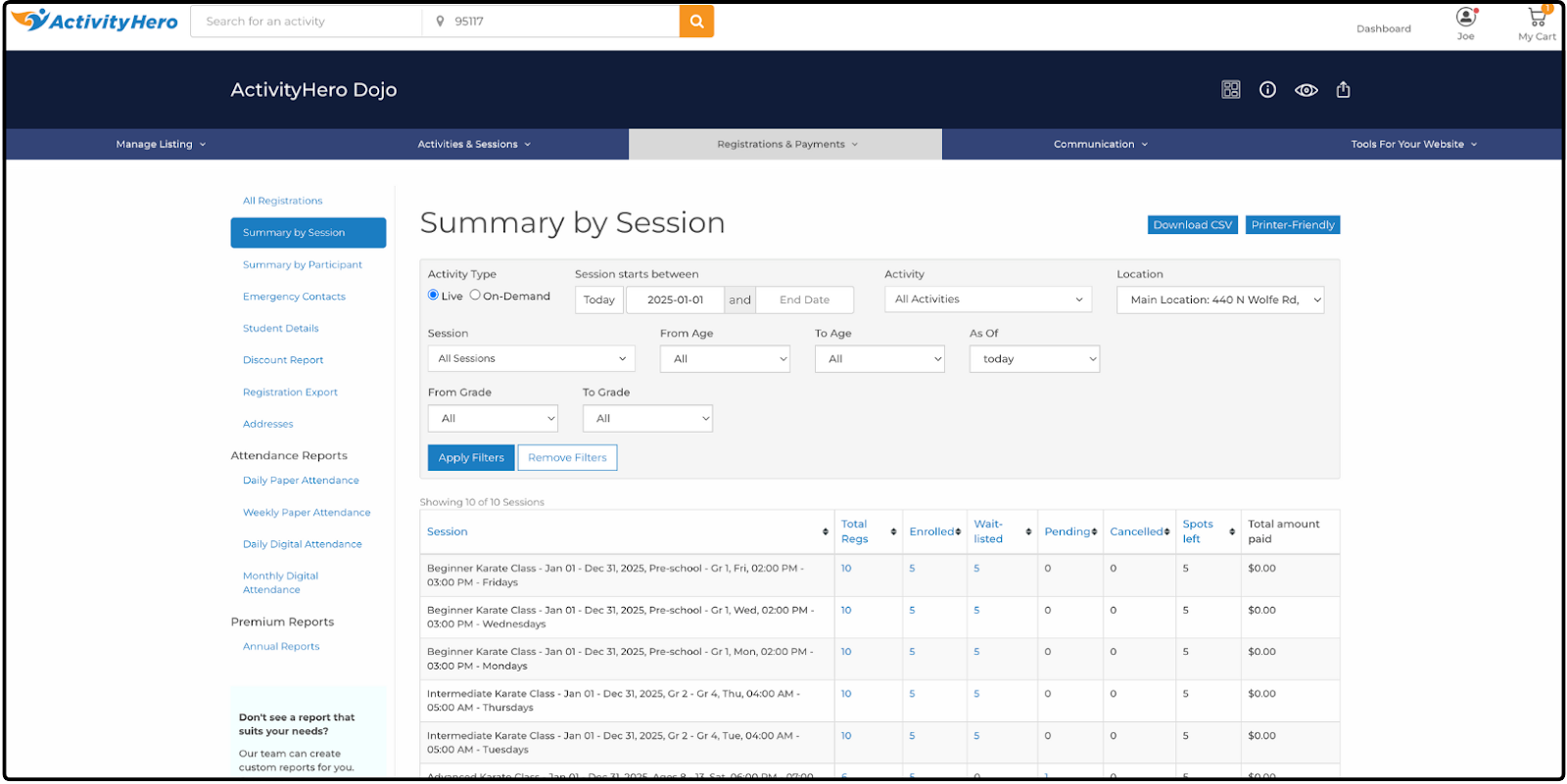 Summary by Session report showing enrollment counts, spots left, and total amount paid