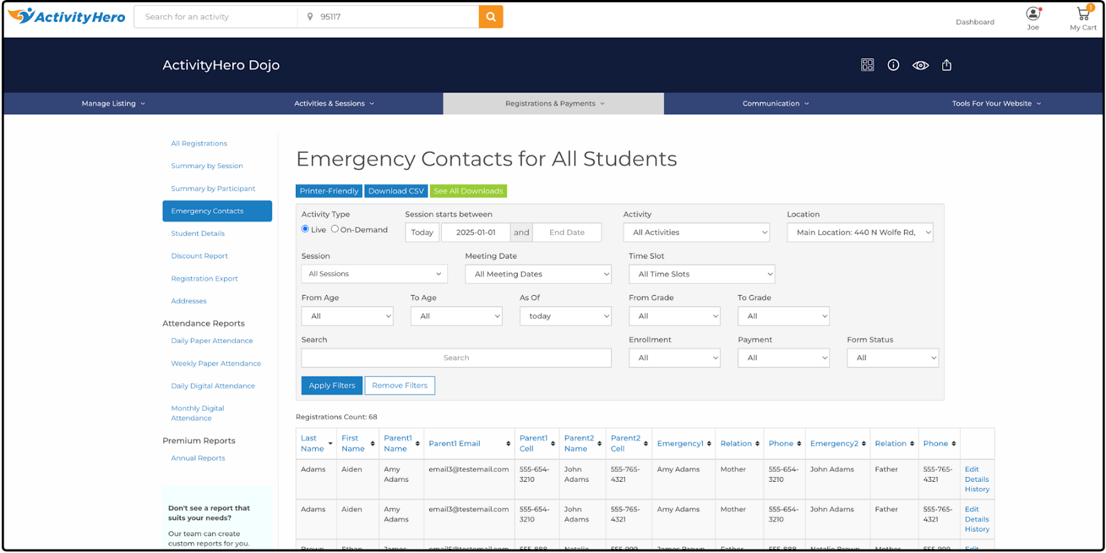 Emergency Contacts for All Students page with parent and emergency contact columns