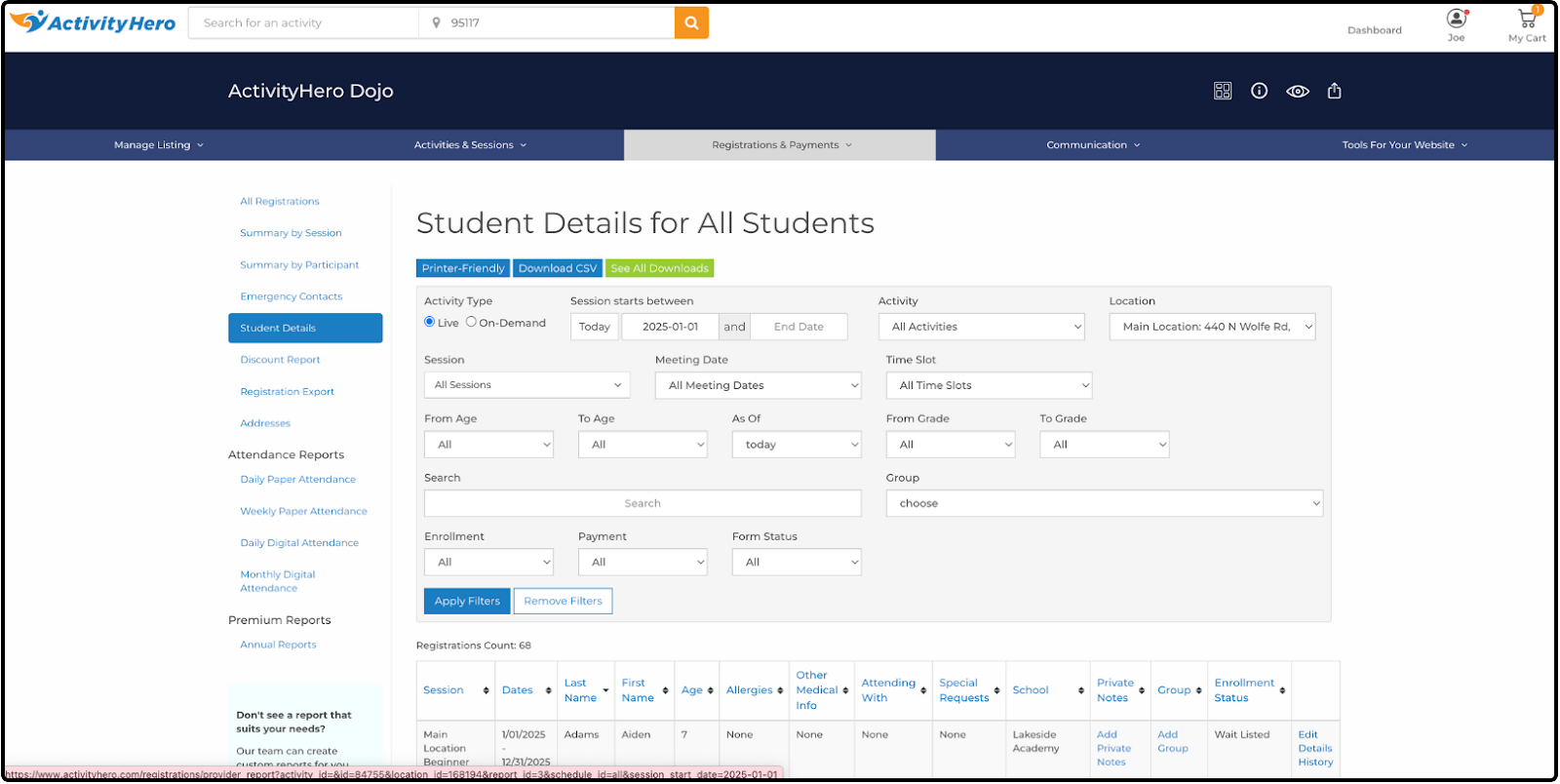Student Details for All Students page showing allergies, special requests, and Private Notes