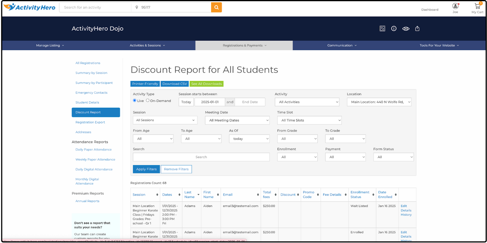 Discount Report for All Students page with Total fees, Discount, and Promo Code columns
