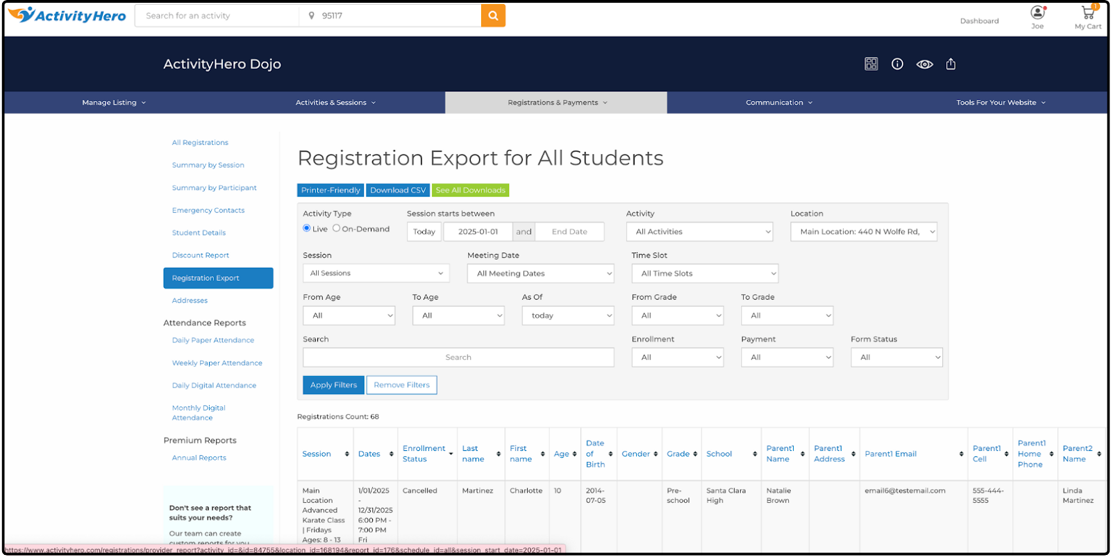 Registration Export for All Students page with expanded participant and parent columns