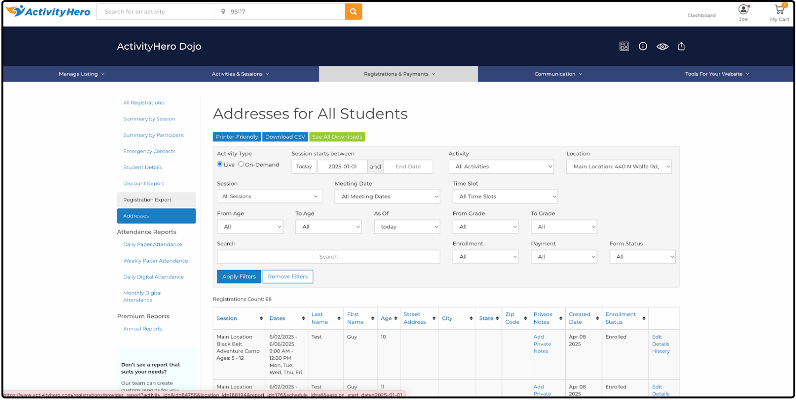 Addresses for All Students page showing street address, city, state, and zip columns