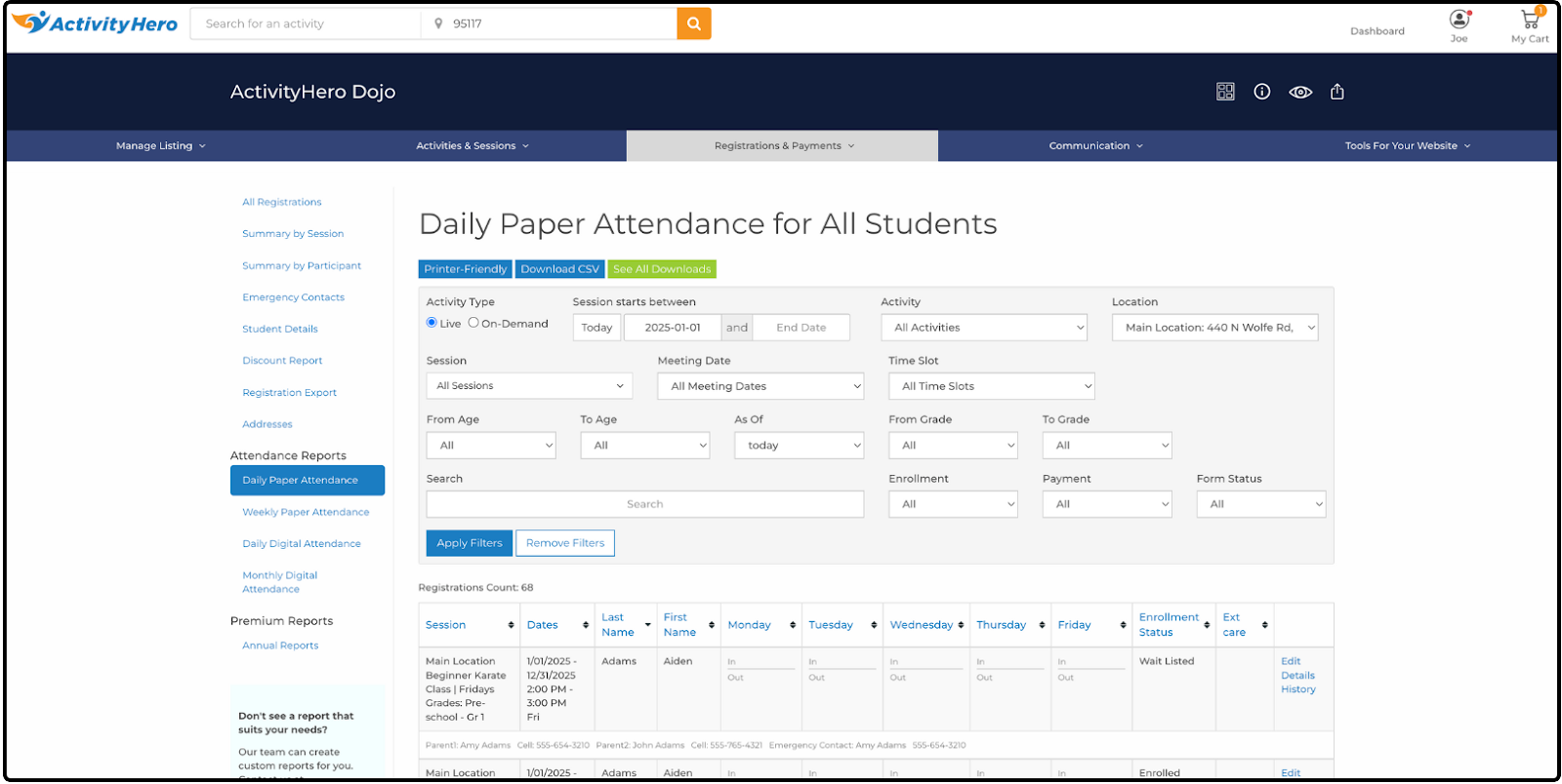 Daily Paper Attendance for All Students page with In and Out columns for each weekday