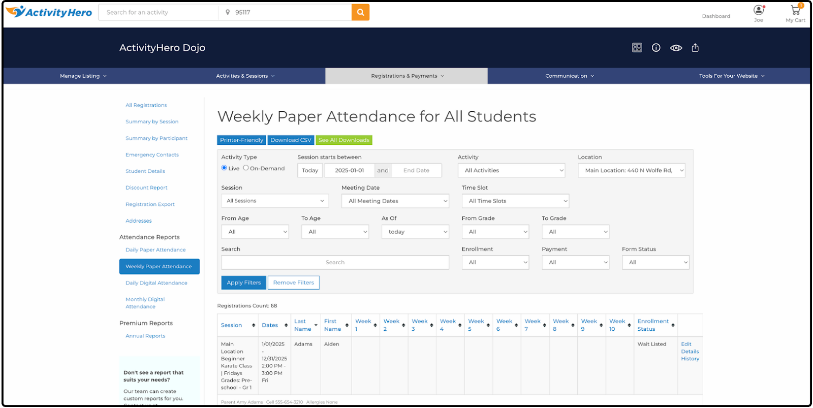 Weekly Paper Attendance for All Students page with Week 1 through Week 10 columns