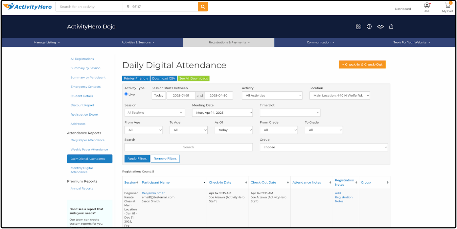 Daily Digital Attendance page with Check-In Date and Check-Out Date columns