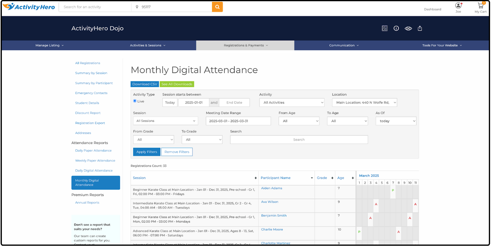 Monthly Digital Attendance page showing a March 2025 calendar grid of A and P marks