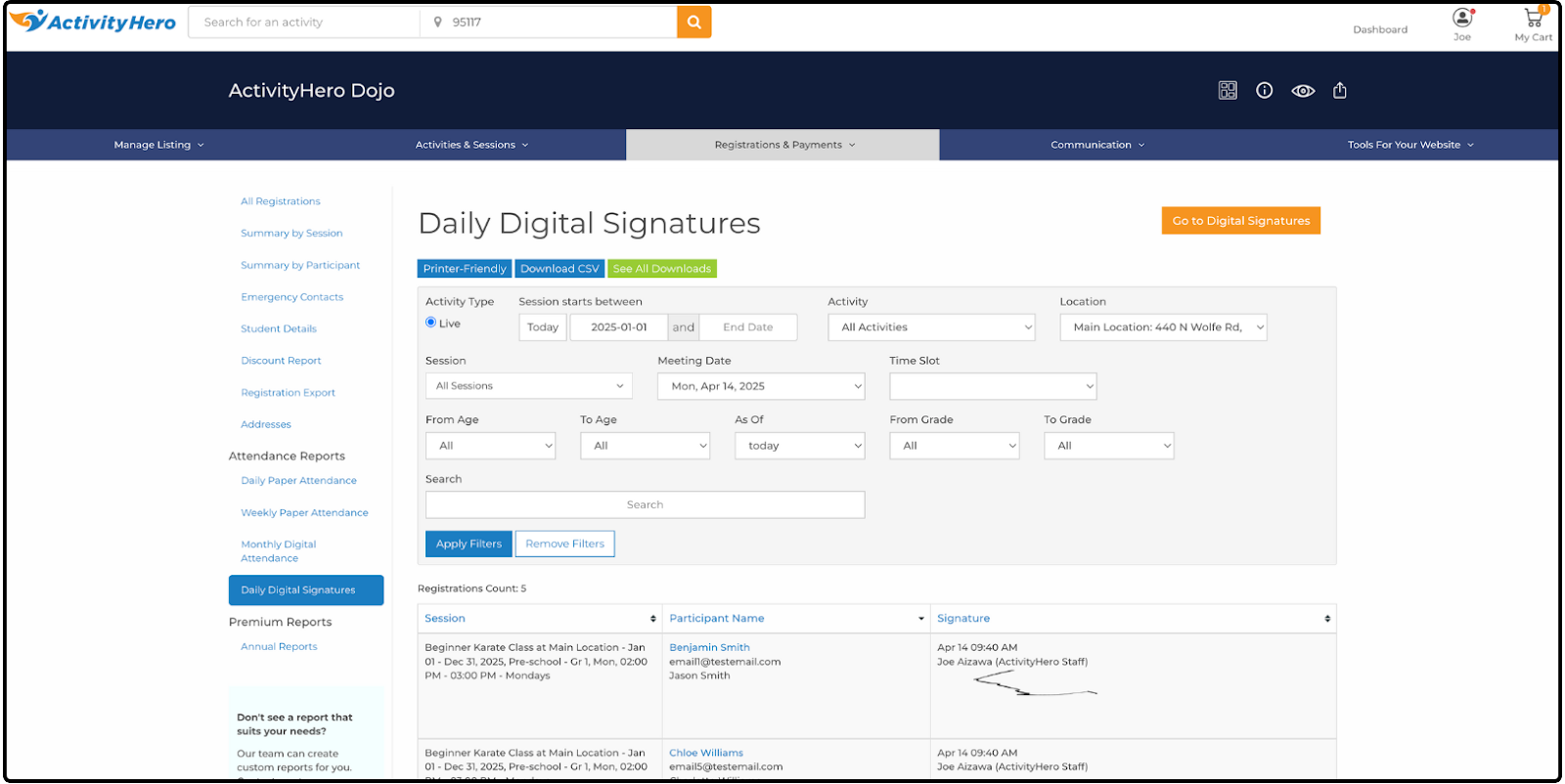 Daily Digital Signatures page showing captured signatures with date and time stamps