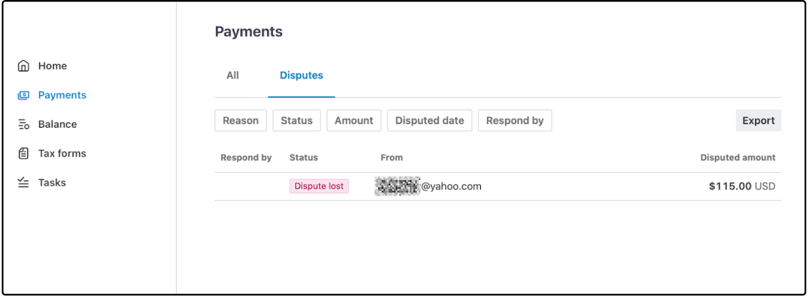 Stripe Payments page with the Disputes tab selected and one lost dispute listed