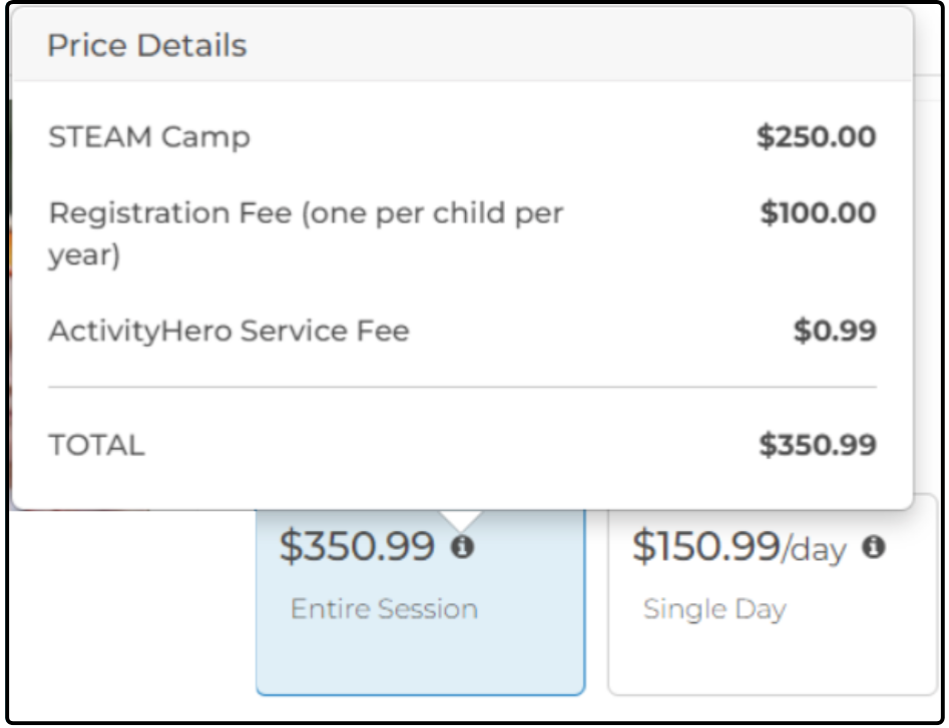 Price Details panel breaking a camp price into registration and service fees with total
